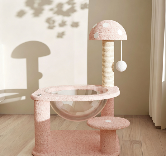 26-Inch Pink Mushroom Cat Tree with Acrylic Bowl